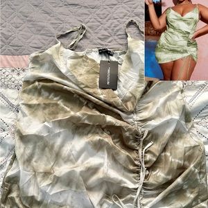 Plus Khaki Tie Dye Cowl Ruched Front Bodycon Dress